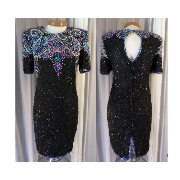 Silk Size 6 Dress Bead Sequin Black Red Gold VTG - Picture 1 of 8